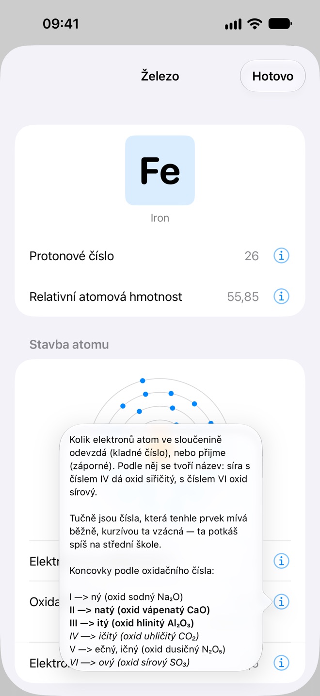 Vysvětlivka k oxidačním číslům v detailu železa, s příklady názvů oxidů