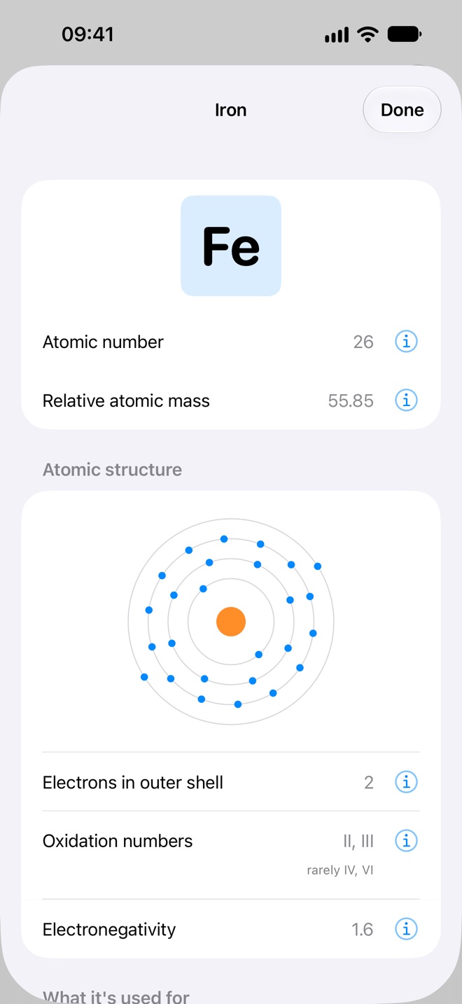 Details of iron: atomic number, relative atomic mass, Bohr model of the atom, oxidation states and electronegativity