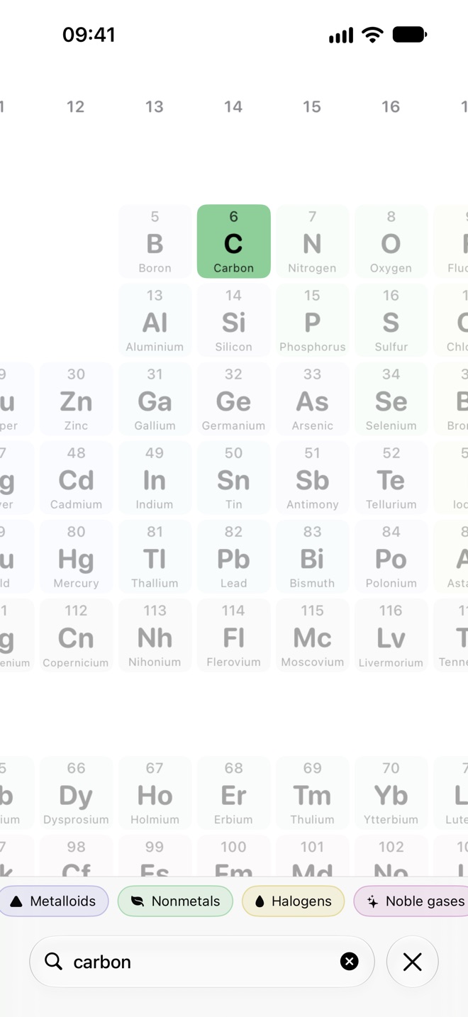 Searching for carbon: the table zooms in on the result and dims the other elements